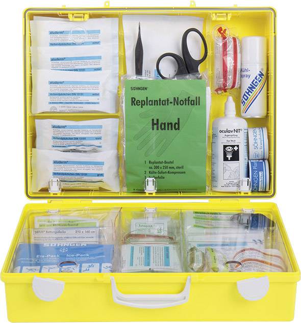 Gul första hjälpen-låda med förbandsartiklar, sax, gasbindor, desinfektionsmedel och instruktion för 'Reimplantation nödfall Hand'.