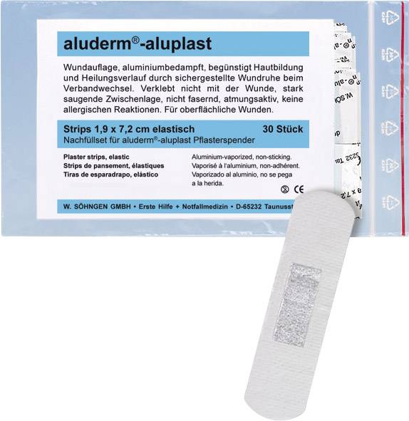 Plåster 'aluderm-aluplast', storlek 1,9 x 7,2 cm, 30 stycken, i förpackning. Främjar hudläkning, minskar infektionsrisk.