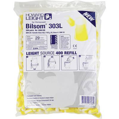 Påse med 200 par gula Bilsom 303L öronproppar. Innehåller illustrationer för korrekt användning och skyddsegenskaper.