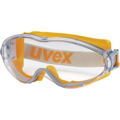 Skyddsglasögon med orange-transparent ram, klar siktskiva och elastiskt band. Lämpliga för ögonsskydd vid hantverksarbeten.