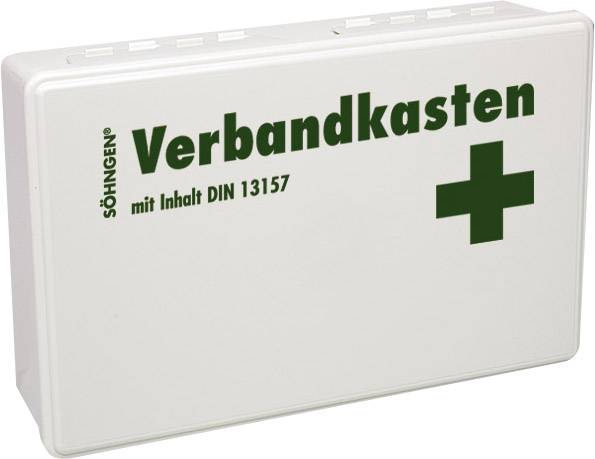 Förstahjälpen-låda enligt DIN 13157 i grön text på vit bakgrund.
