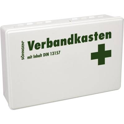Förstahjälpen-låda enligt DIN 13157 i grön text på vit bakgrund.