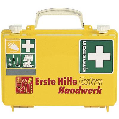 Gul första hjälpen-väska med röd text 'Första Hjälpen Extra Hantverk'. Vita kors och symboler för skyddsmaterial.