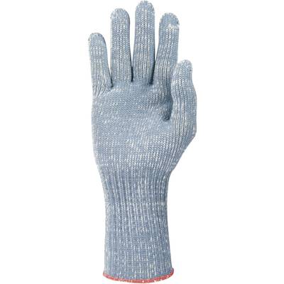 En blå-vit marmorerad handske gjord av stickad material, långskuren, visar insidan av handen, lätt öppen uppåt.