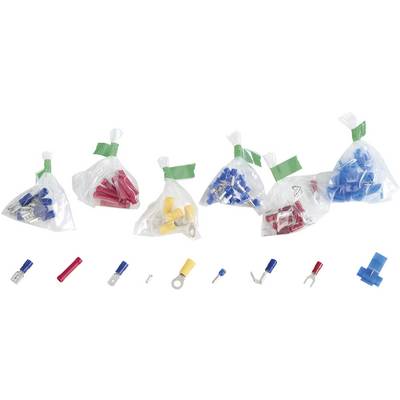 Flera små plastpåsar med olika elektriska kabelanslutningar i färgerna blå, röd och gul, delvis förslutna.