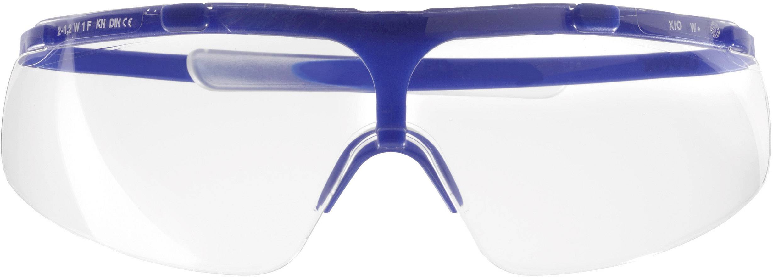 En transparent skyddsglasögon med blå ram, lämplig för användning i laboratorier eller arbetsplatser för ögonssäkerhet.