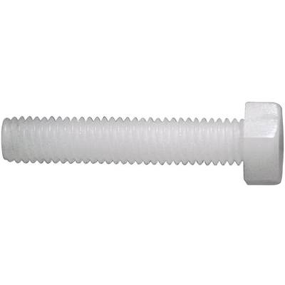En vit sexkantig plastbult med gänga är helt synlig mot en vit bakgrund.
