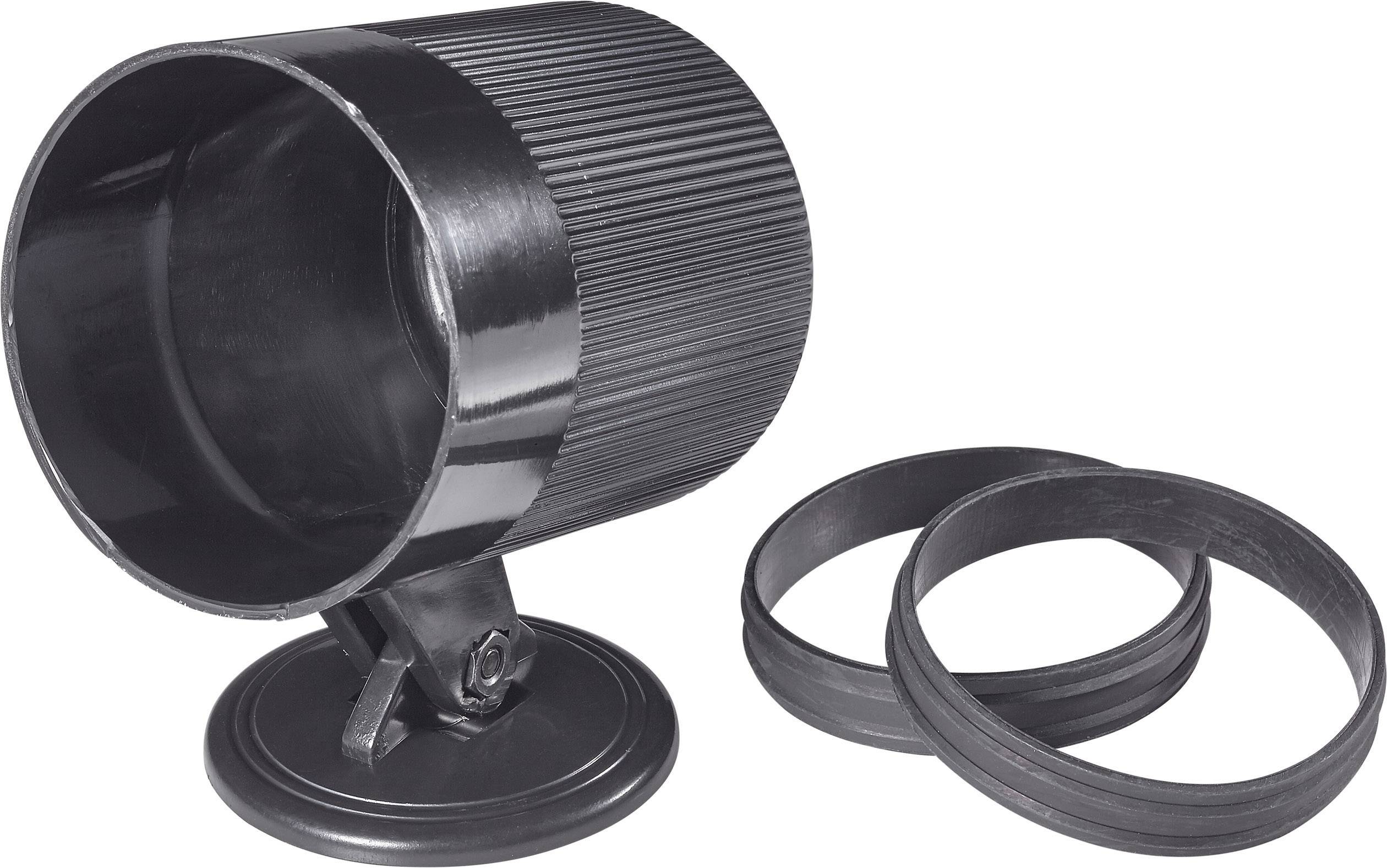 Svart gummi-flexslangfäste med skruvmontering, två tätningsringar bredvid. Idealisk för flexibel slanginfästning.