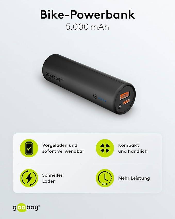Goobay PB 5000mAh Bike Mount QC/PD Powerbank 5000 mAh Power Delivery Li-Ion Svart Statusindikering, LED-ficklampa-1