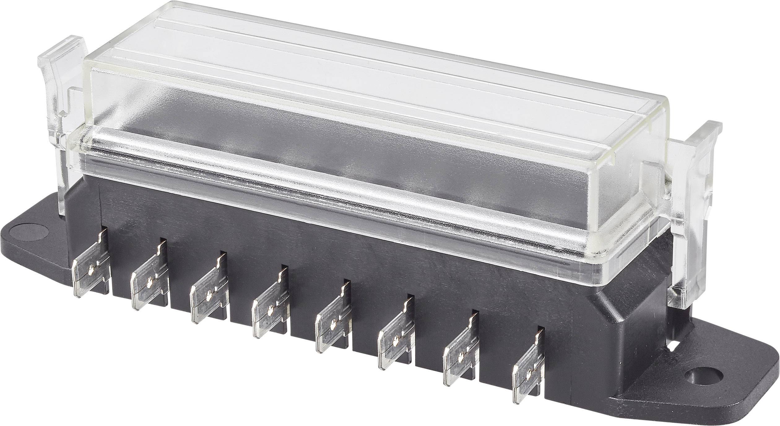 En svart elektrisk kontakt med transparent täckkåpa visas. Den har åtta metallstift för anslutning.