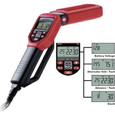 Elektronisk tändpistol med digital display. Mätvärden: Batterispänning 12,8 V, generatorspänning 14,5, förskjutning 25 grader.