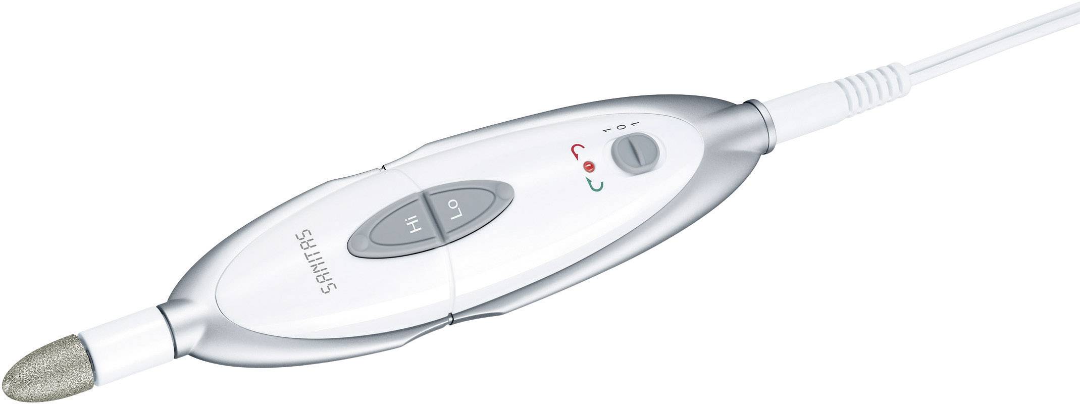 Elektrisk nagelfil, vitt hölje med metallisk spets, hastighetsvälj are och kontrolllampor.