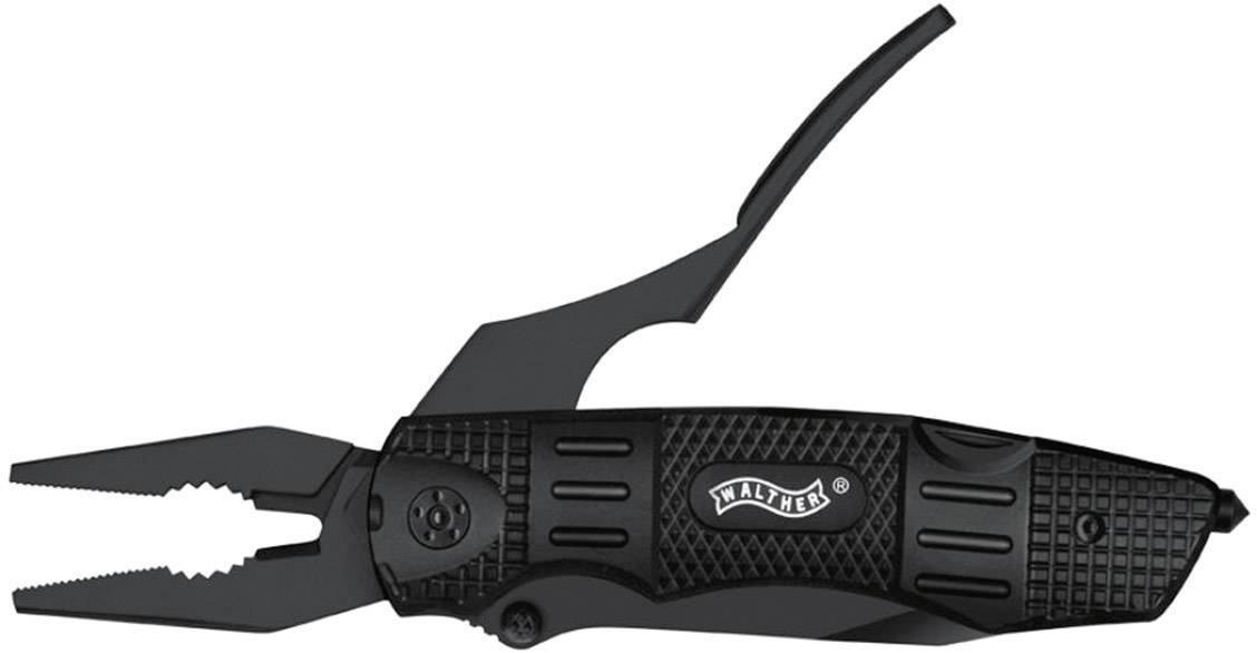 Svart multiverktyg med tång och vikningsfunktion. Varumärket 'Walther' ingraverat på sidan.