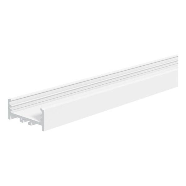Ett vitt, avlångt aluminiumprofilstycke som används för att fästa LED-remsor. Det har ett spår och en kant för enkel montering.