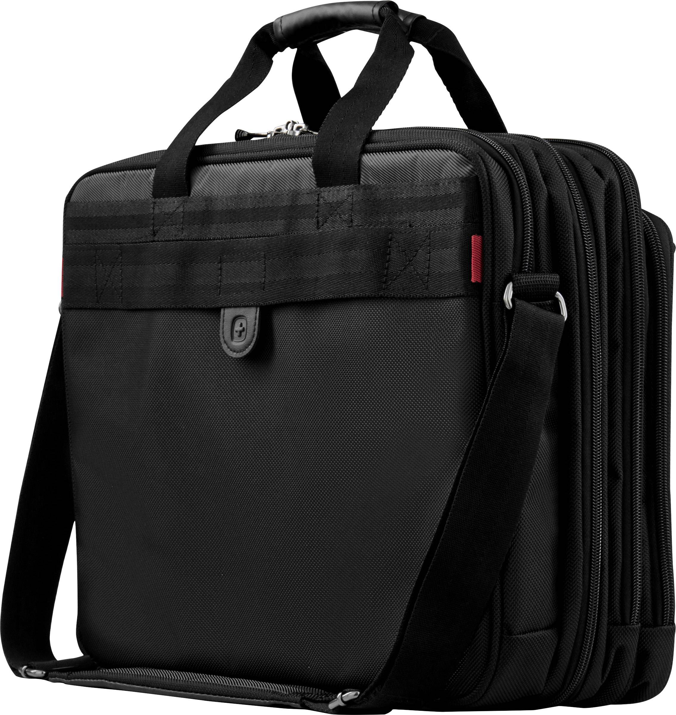 En svart laptopväska med axelrem och handtag, lämplig för affärssammanhang. Två huvudfack med dragkedjor.