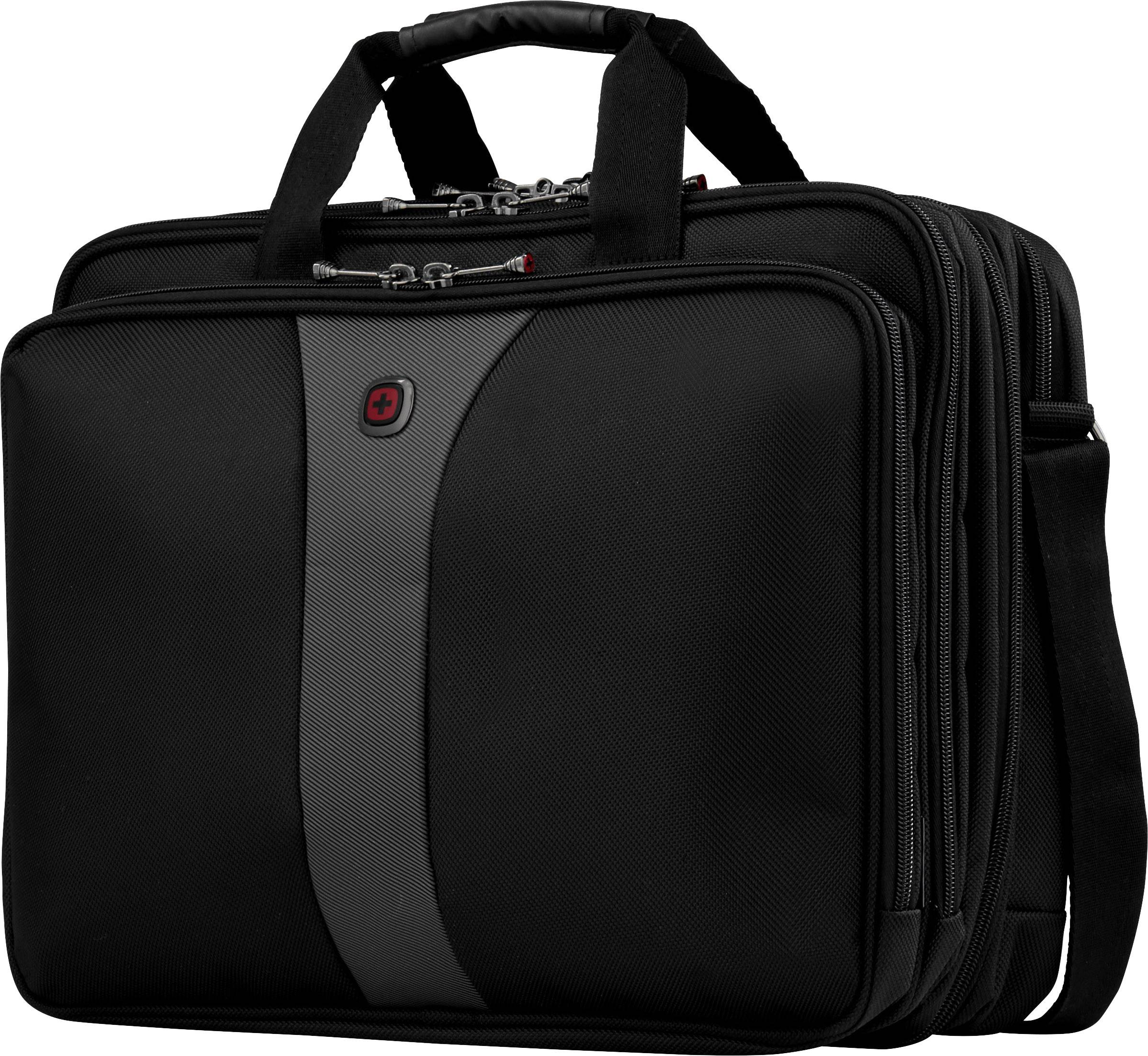Svart laptopväska med handtag och axelrem, flera fack, lämplig för affärsresor eller kontorsbruk.
