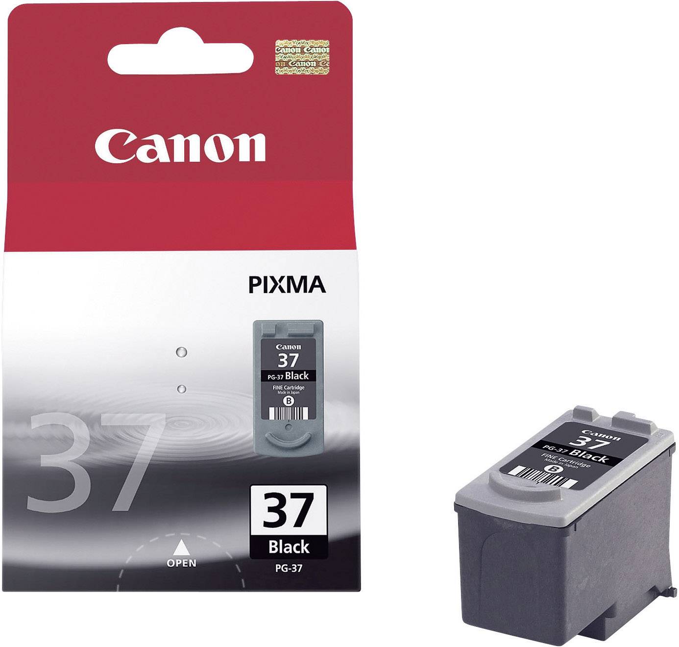 Canon PIXMA PG-37 svart bläckpatron, förpackning och patron visad. Lämplig för vissa PIXMA-skrivare.