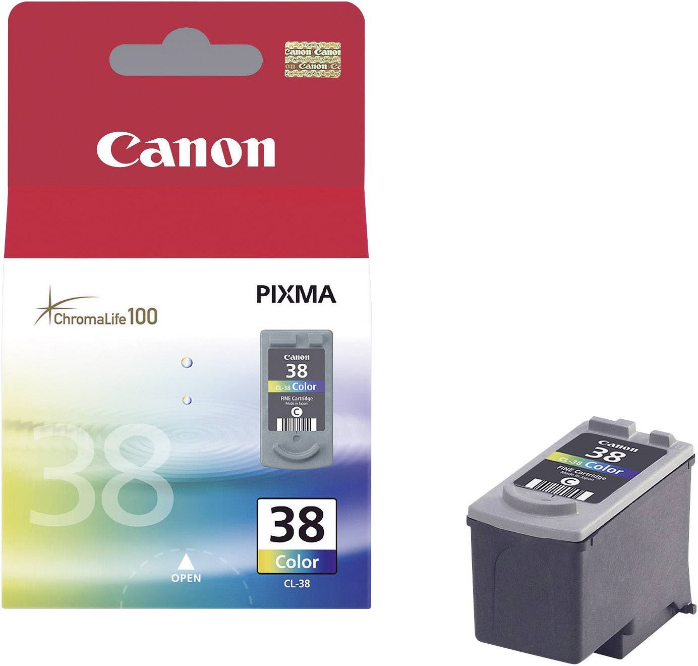 Canon PIXMA färgbläckpatron CL-38 i förpackning. 38 färg, lämplig för ChromaLife 100-skrivare. Förpackning till vänster, patron till höger.