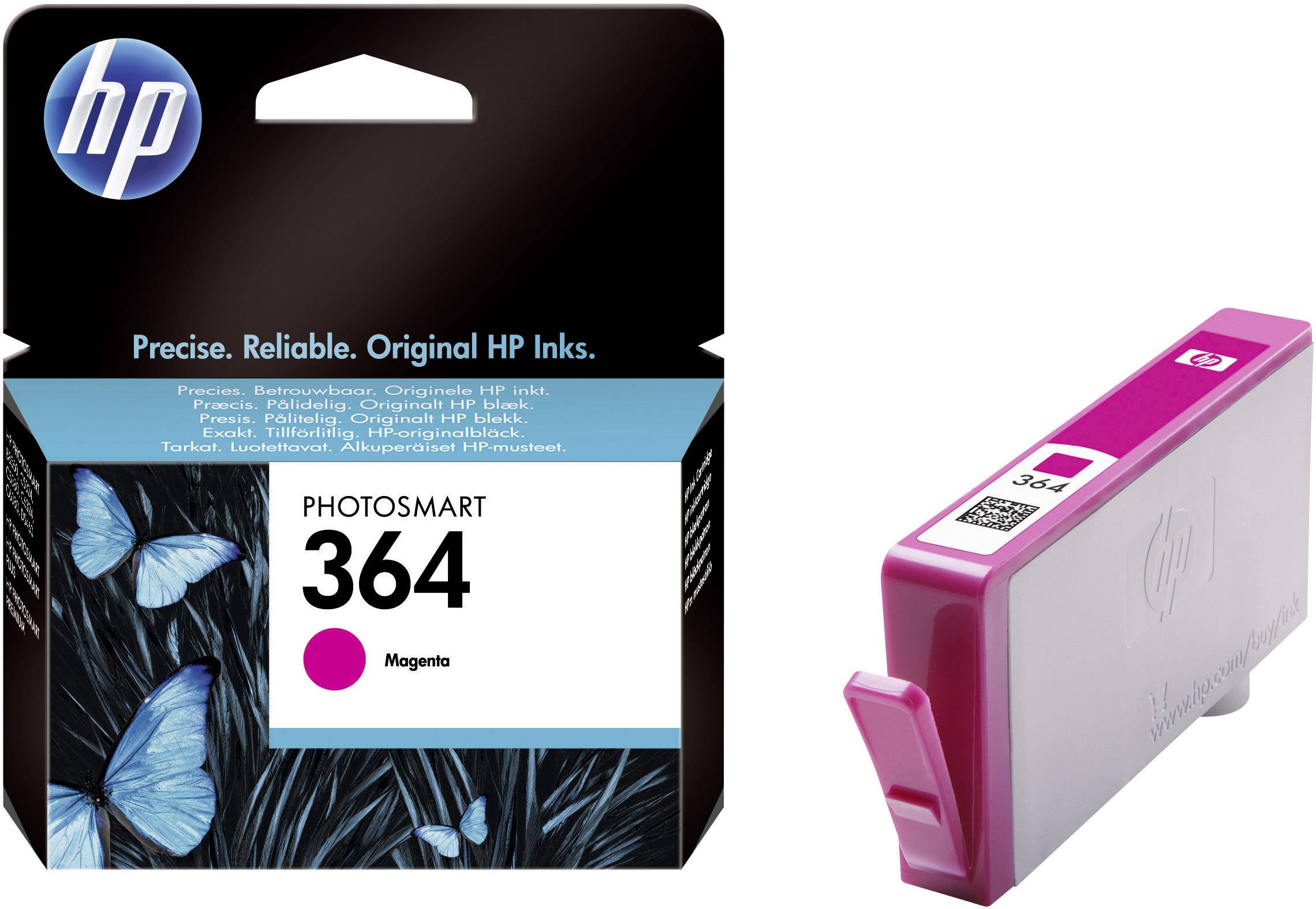 HP 364 Magenta bläckpatron bredvid förpackning, lämplig för HP Photosmart-skrivare, med fjärilsdesign och produktinformation.