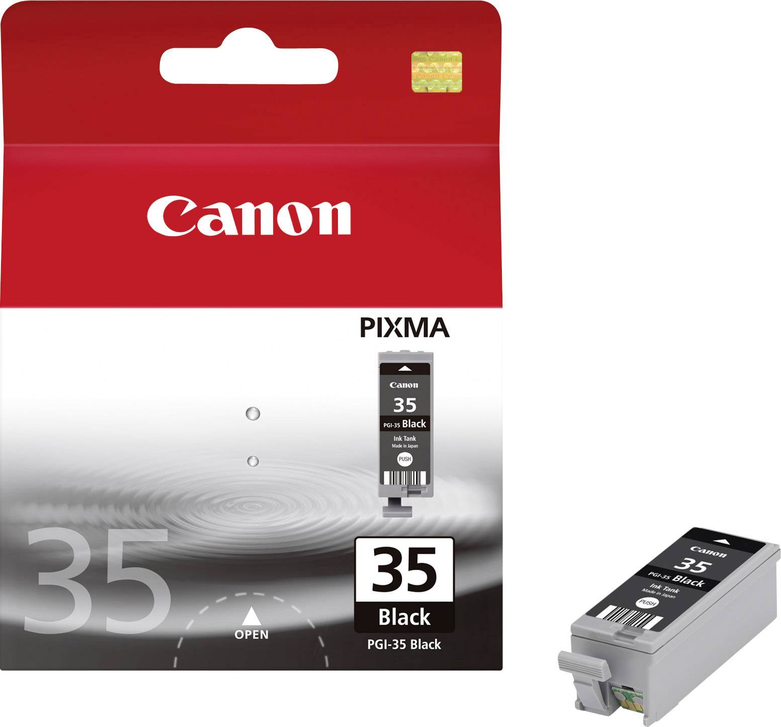 Canon-skrivarkassettförpackning märkt '35 Black'. Innehåller en svart patron för PIXMA-skrivare.