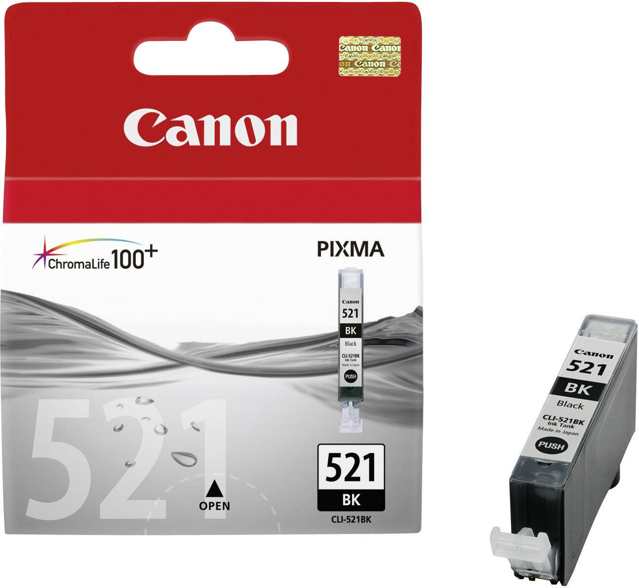 Canon PIXMA bläckpatron CL-521BK i svart, förpackning och patron sida vid sida. Lämplig för färgutskrifter och hög utskriftskvalitet.