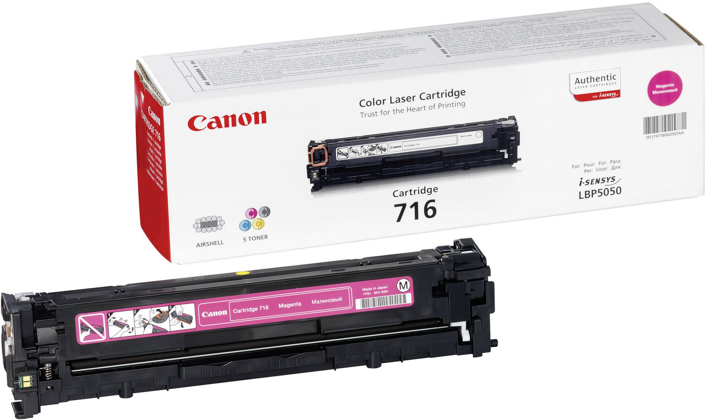 Tonerpatron 'Canon 716' i svart, passar färglaserskrivare; med förpackning i bakgrunden.