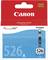 Cyan bläckpatron Canon CLI-526C på blå bakgrund. Förpackningen visar Canon-logotyp och PIXMA, ChromaLife100+.