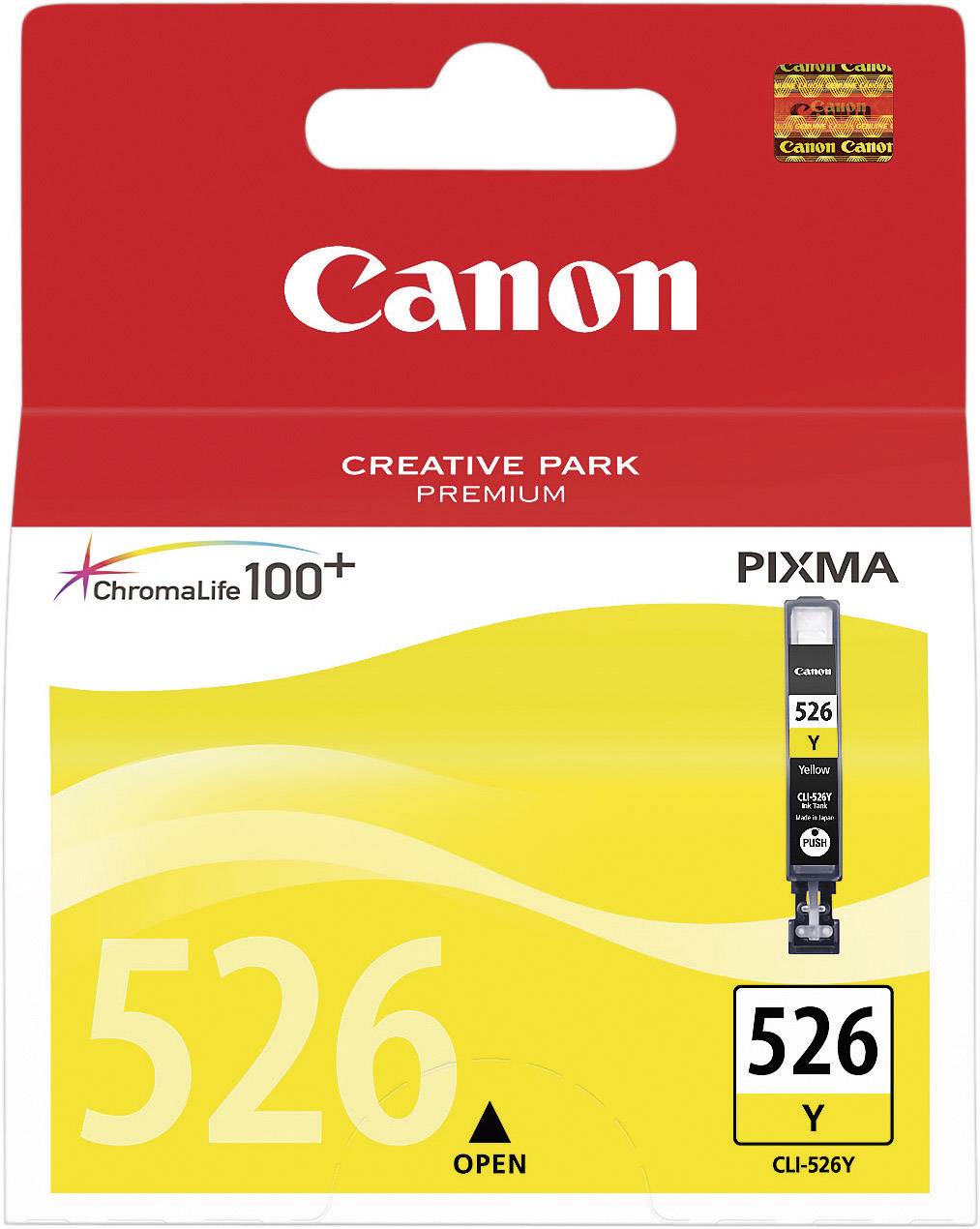 Bläckpatron 'Canon CLI-526Y' i gult för PIXMA, förpackningen innehåller information om ChromaLife100+ teknologi och Creative Park.