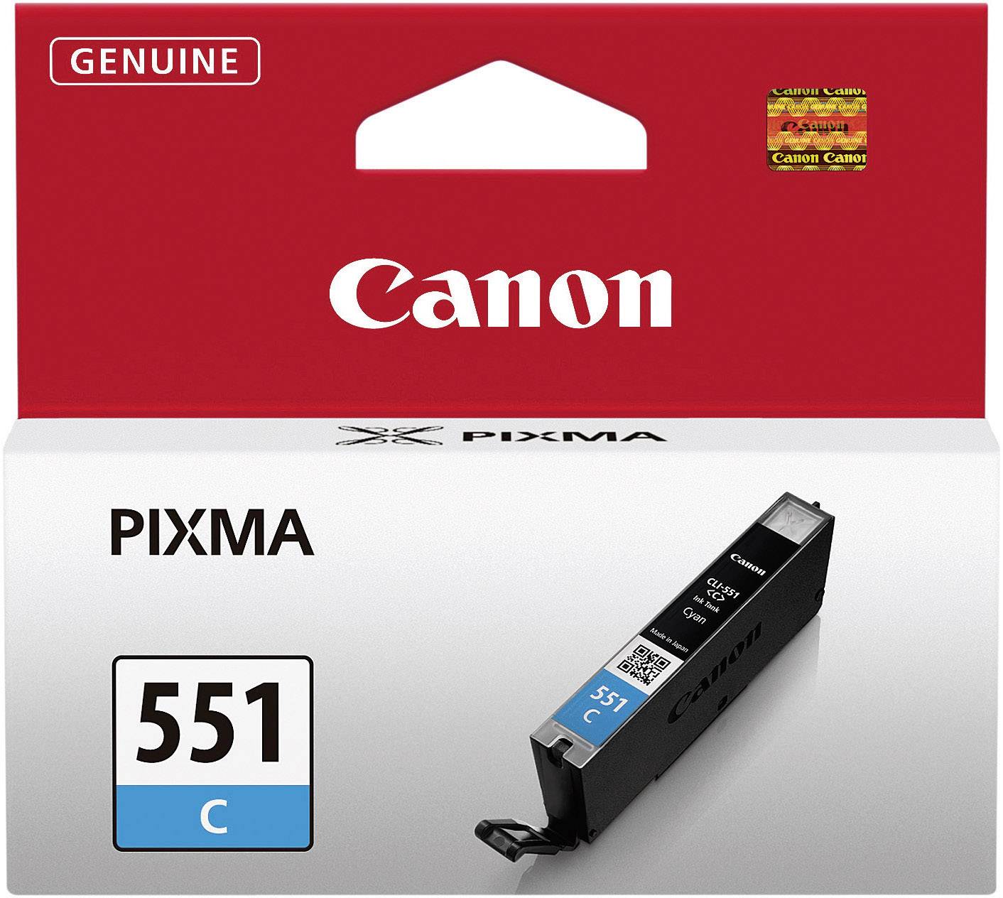 Canon bläckpatron för PIXMA-skrivare, modell 551 C, cyan. Förpackningen visar 'Genuine Canon' och en bild av patronen.