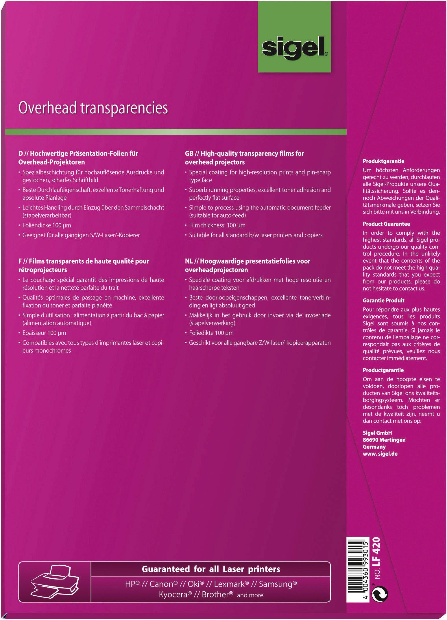En förpackning med transparenta plastark från märket Sigel för laserskrivare, lämpliga för högkvalitativa presentationer och overheadprojektioner.