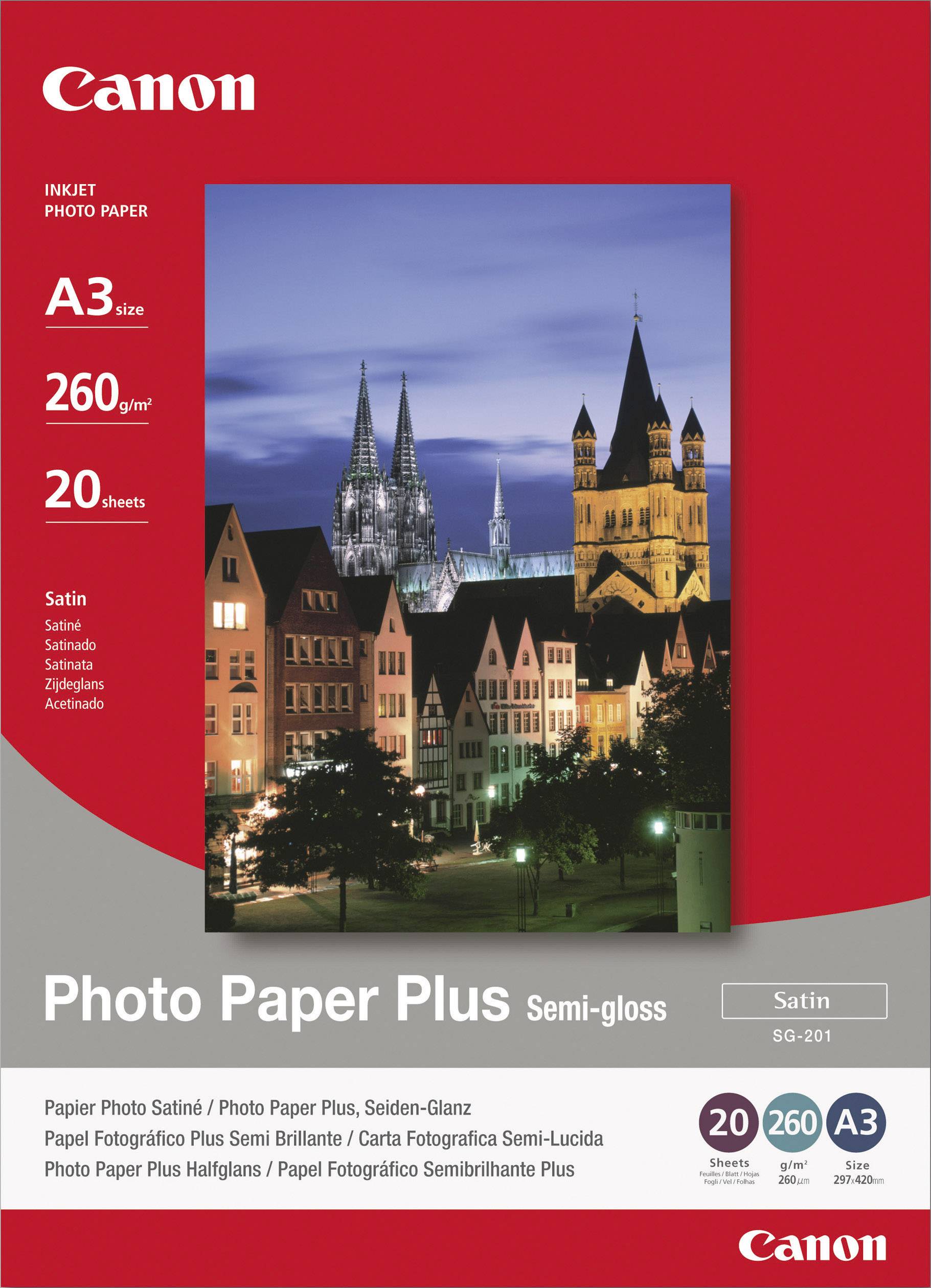 Förpackning för 'Canon Inkjet Photo Paper Plus Semi-gloss'. Innehåller 20 ark i A3-format med 260 g/m². På bilden visas en stadsvy nattetid.