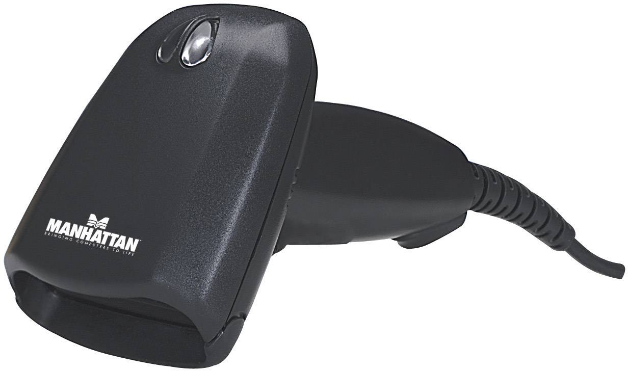 En handhållen scanner av märket Manhattan i svart med en lång kabel, lämplig för scanning av streckkoder och dokument.