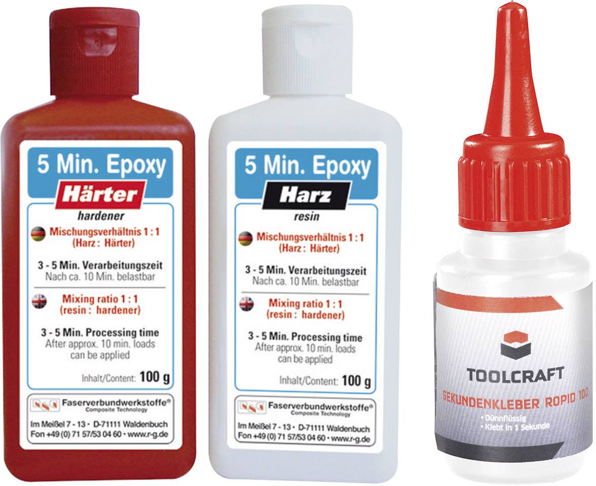 '5 Min. Epoxy' Set bestående av härdare och harts, 100 g flaskor, 1:1 blandningsförhållande, 3-5 min bearbetningstid. Tillbehör: 'Toolcraft' sekundlim.