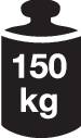 Symbol för viktgräns på 150 kg som indikerar maximal belastning eller kapacitet.
