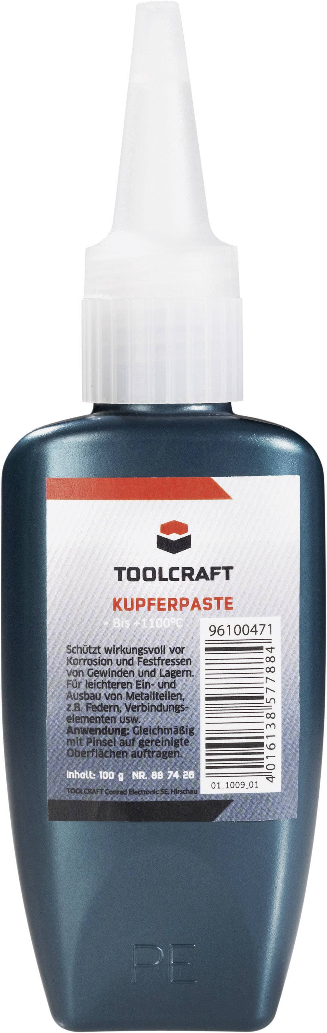 En flaska Toolcraft kopparpasta. Innehåller 100 g, artikelnummer 96100471. Lämplig som smörjmedel för olika användningsområden.
