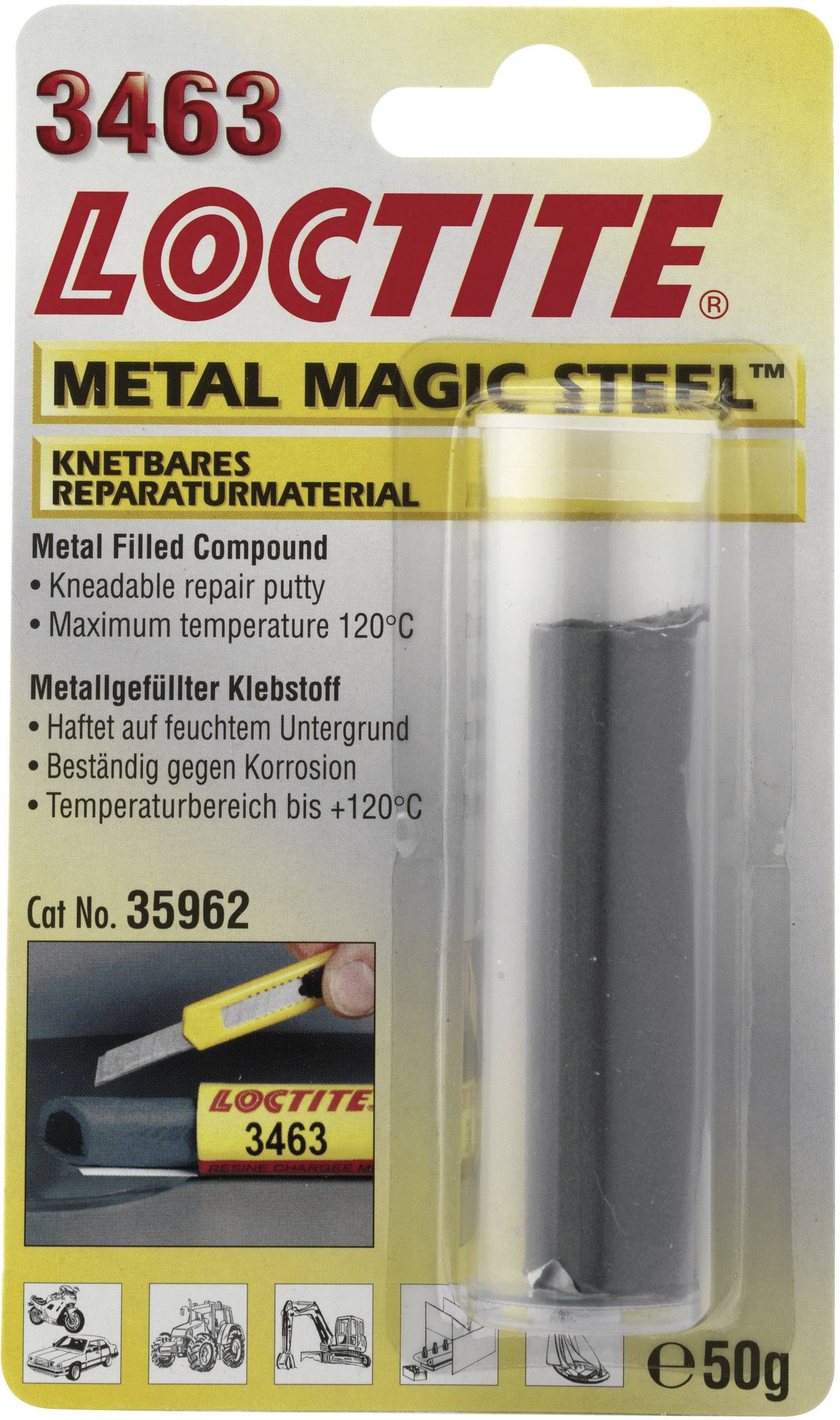 Produktförpackning för Loctite Metal Magic Steel 3463: Reparationsmaterial i knådbar form, som fäster under vatten vid temperaturer upp till 120°C.