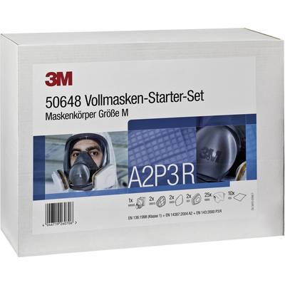 3M 50648 Heltäckande maskstartset, maskstomme storlek M, avbildad på förpackningen med foton av masken och specifikationer.
