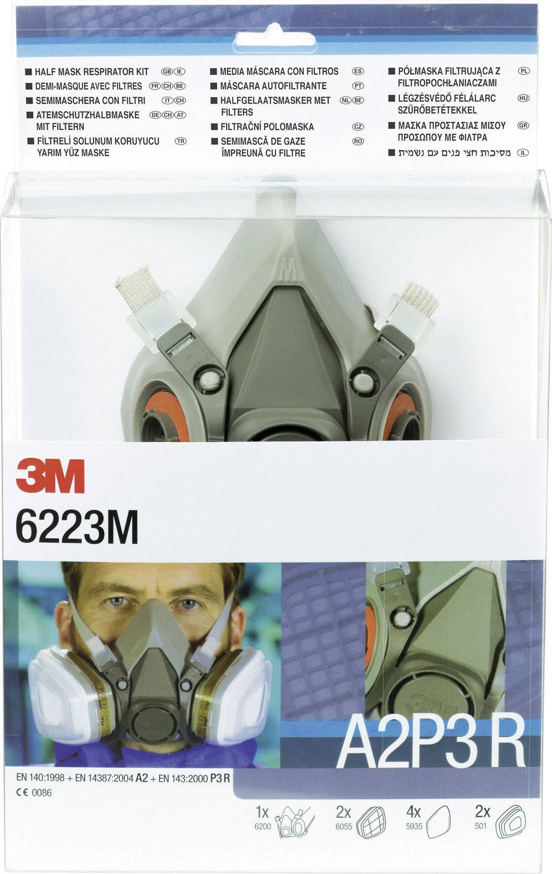 Andningsmask från 3M, modell 6223M, med A2P3R-filter. Förpackningen visar produktavbildning, användningsinstruktioner och piktogram.
