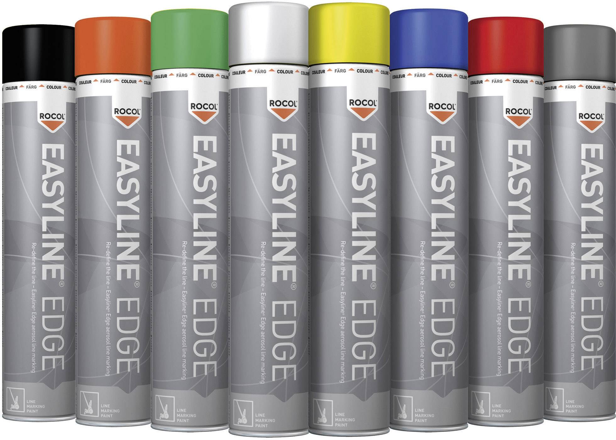 Åtta sprayburkar i olika färger: orange, grön, röd, vit, gul, blå, svart och ljusröd. Varje burk är märkt med texten 'EASYLINE EDGE'.
