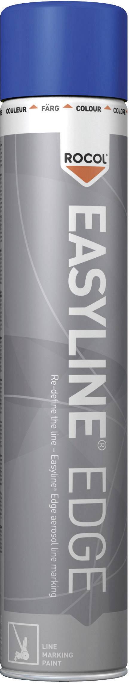 Sprayfärg med texten 'ROCOL Easyline Edge', avsedd för markeringar. Silver bakgrund med blå lock.