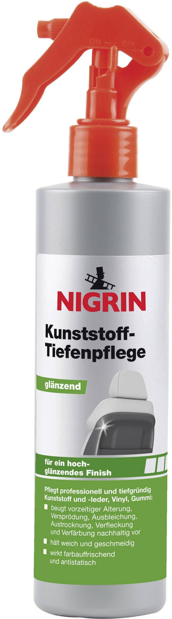 Sprayflaska med orange utlösare och text 'NIGRIN Plastdjuprengöring blank', lämplig för blank finish.