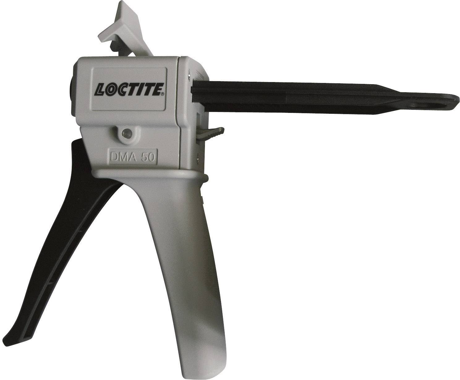 Handpress med 'Loctite'-logotyp och svart hävmekanism, använd för applicering av lim.