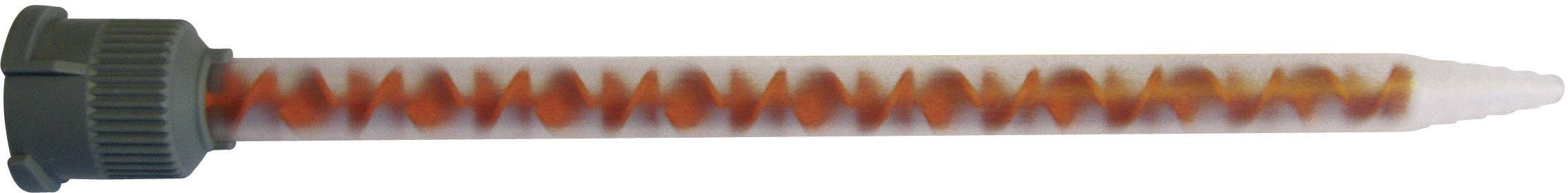 En lång, genomskinlig cylinder med en orangefärgad spiral inuti och ett grått lock överst.