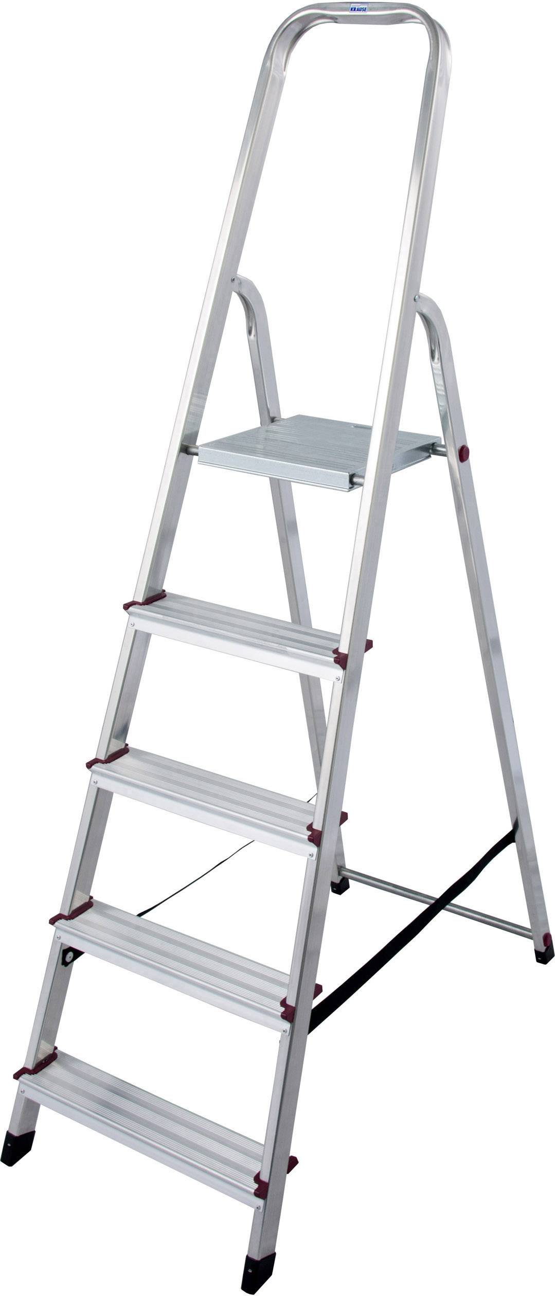 En silverfärgad aluminiumstege med sex steg och en stabiliseringsplatta, lämplig för användning inomhus.