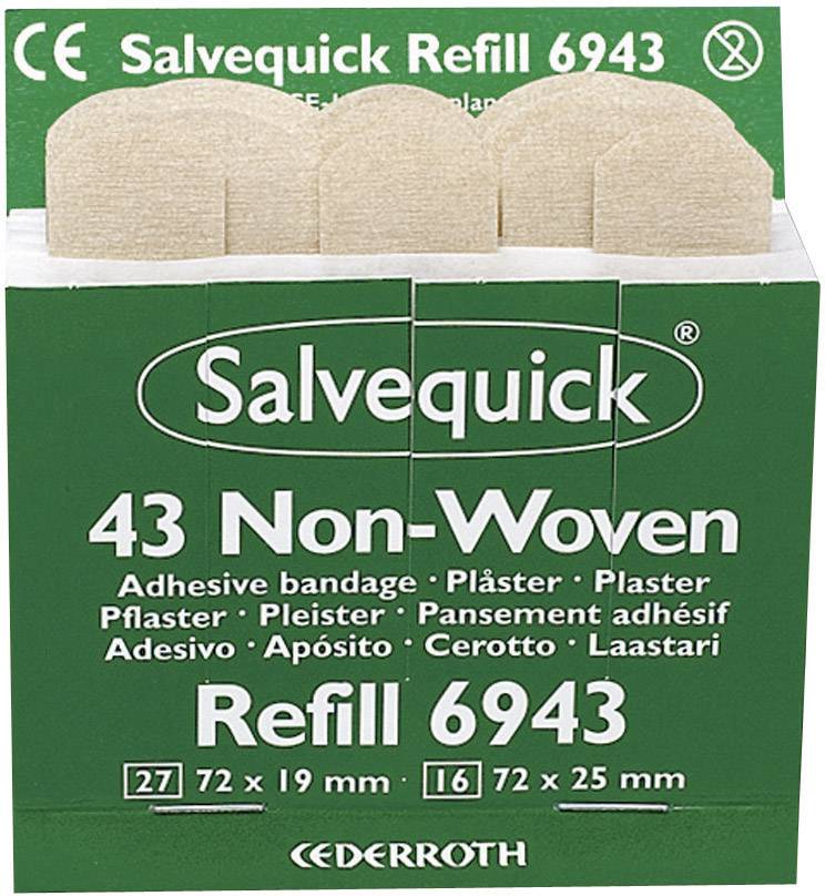 'Salvequick Refill 6943' plåsterförpackning, grön, innehåller 43 icke-vävda plåster i två storlekar: 27 (72 x 19 mm), 16 (72 x 25 mm).