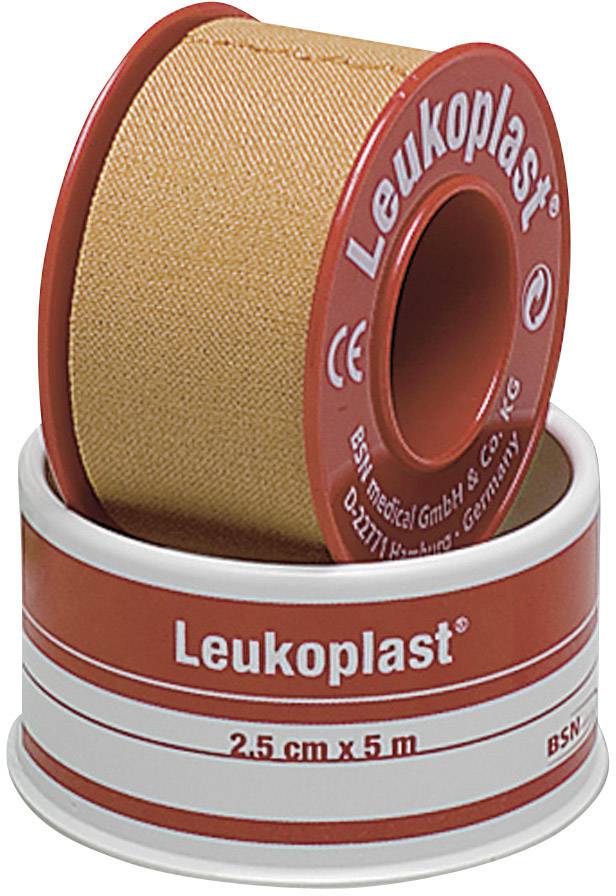 En cirkelformad förband på en rulle märkt 'Leukoplast', beskriver ett häftplåster för medicinskt bruk, 2,5 cm x 5 m.