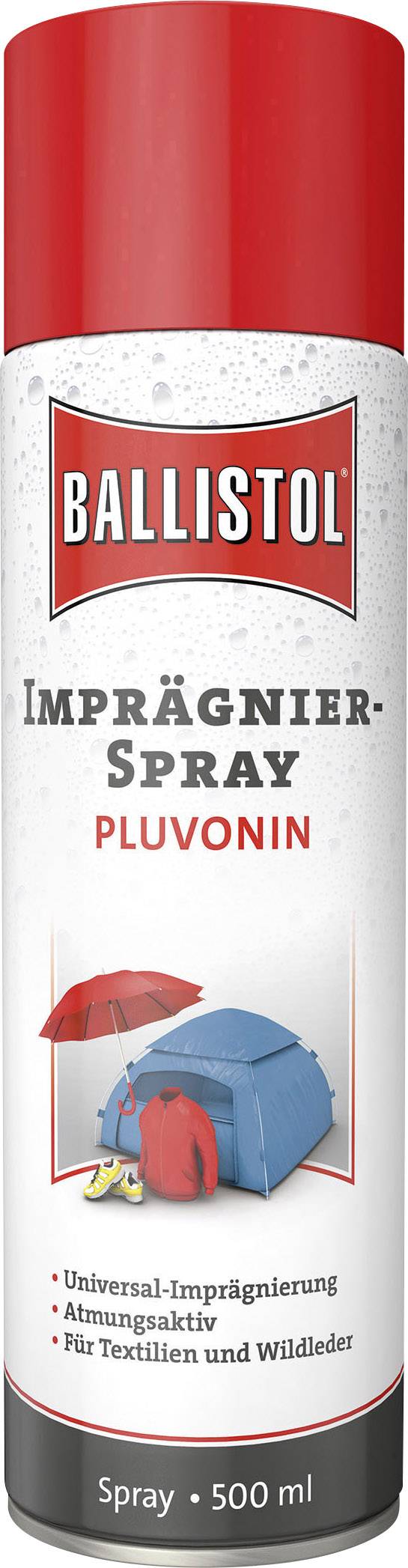 Impregneringsspray-flaska från Ballistol för textilier och mocka. Tryck: 'Universal-impregnering, andningsbar, 500 ml'.