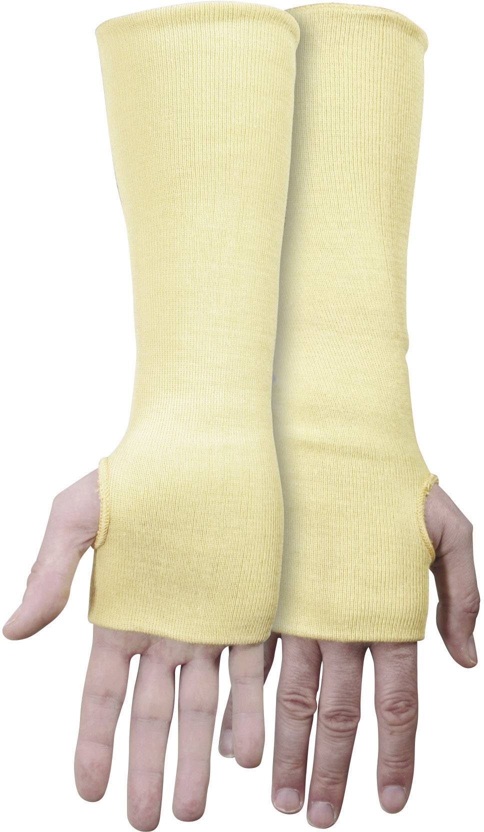 Gula tygarmskydd som sträcker sig ända upp till handlederna och har tumhål. Händerna pekande nedåt.