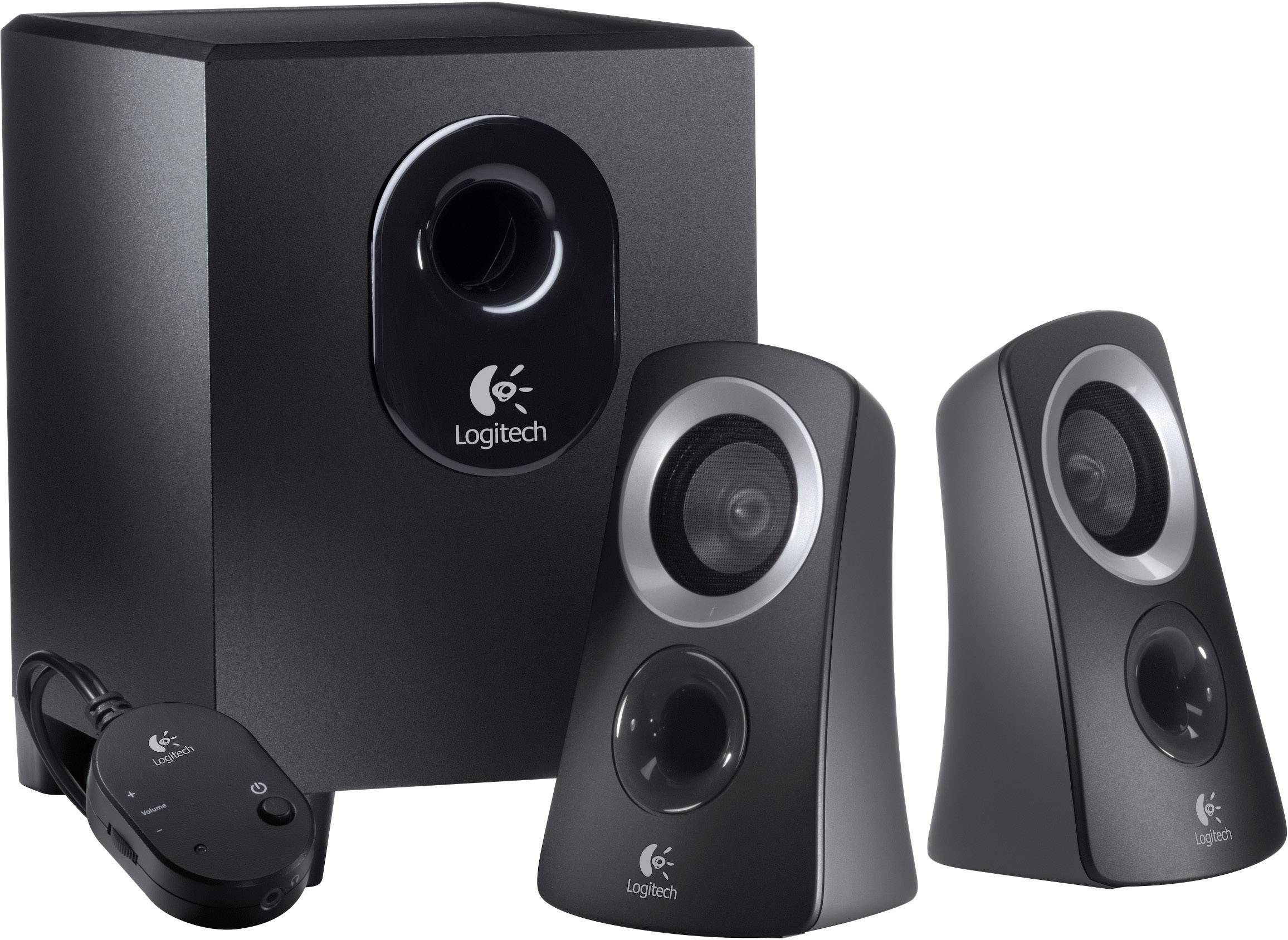 Svart Logitech-högtalarsystem med två högtalare och en subwoofer, lämpligt för högkvalitativt ljud vid musik och film.
