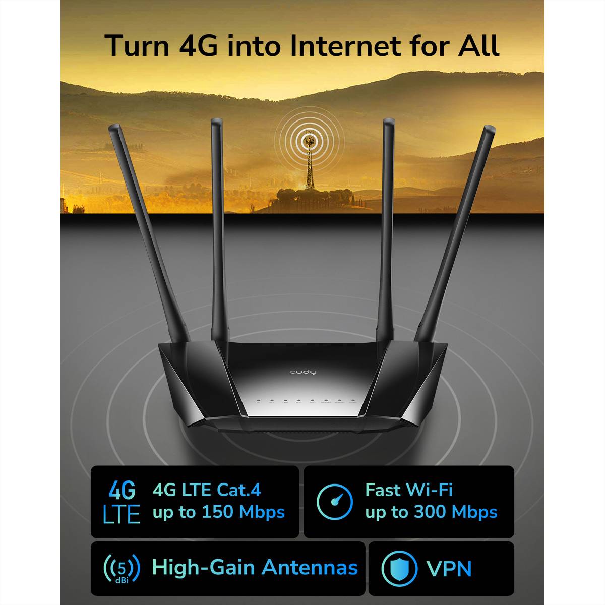 cudy CUDY LT400 N300 Wi-Fi 4G LTE Router Cat4 Router Inbyggt modem: LTE 2.4 GHz 300 MBit/s-4